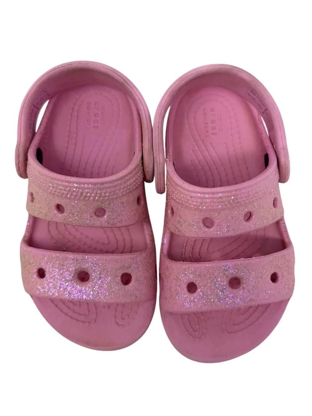Crocs double strap pink glitter slip on sandals child’s size 8